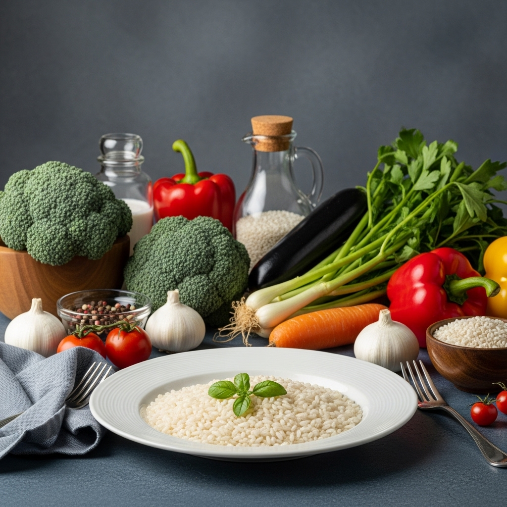 Assortment of fresh vegetables and ingredients for risotto