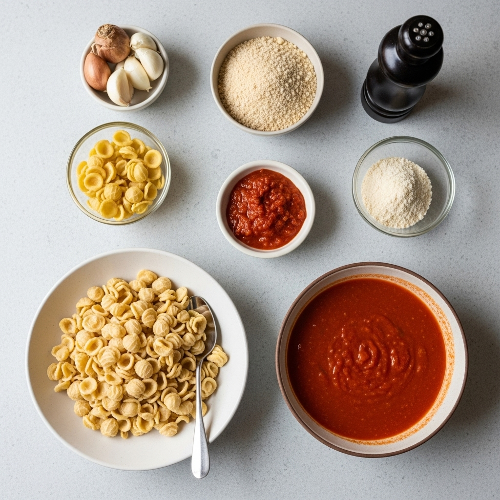 Ingredients laid out for Vegan Orecchiette with Light Tomato Sauce
