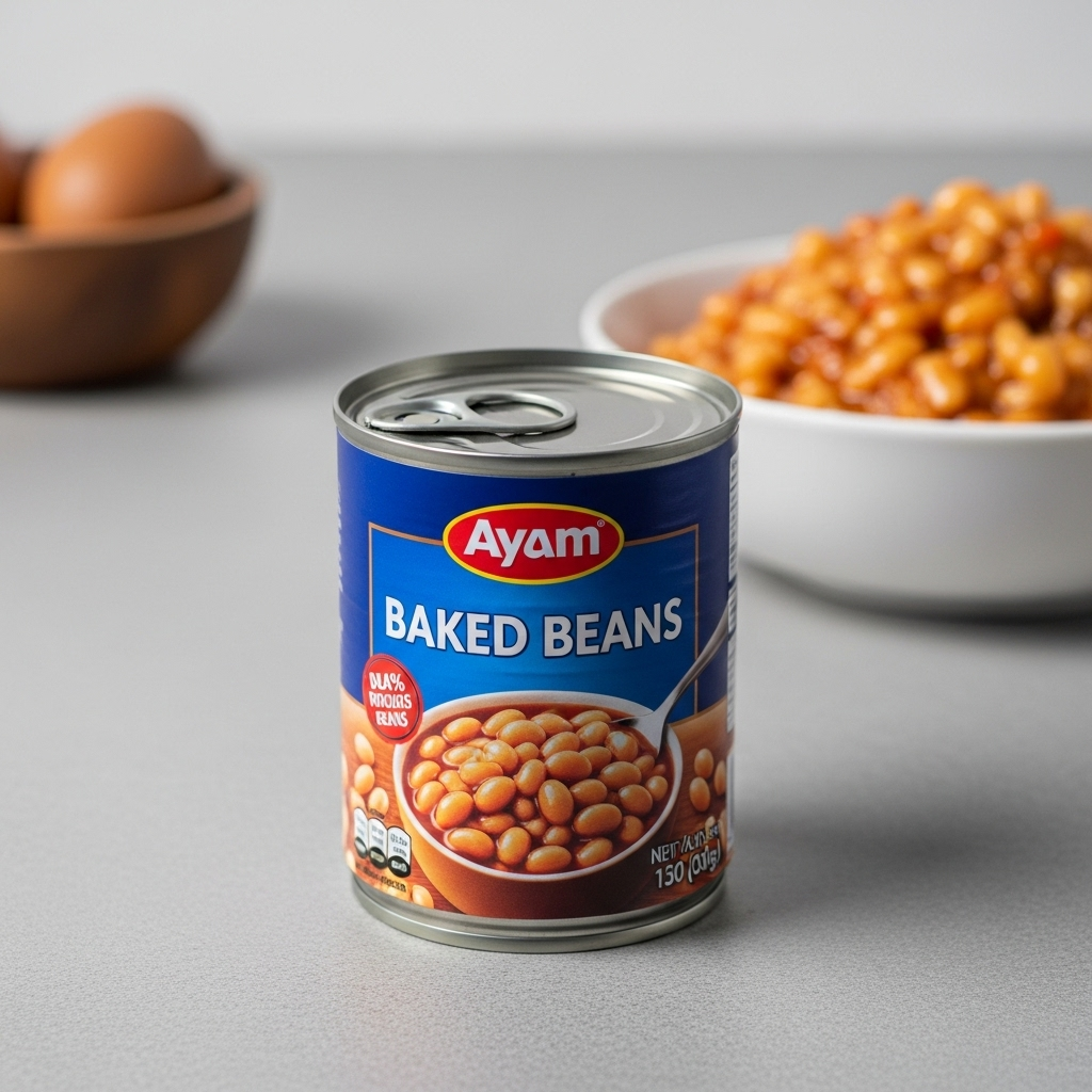 A clear image of an Ayam brand baked beans can, highlighting the product often used as a base for this comforting recipe.