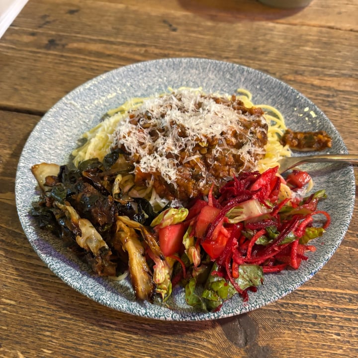photo of The Sound Lounge Spag Bol with garlic butter greens & salad shared by @vegansuttonmama on  09 Aug 2025 - review