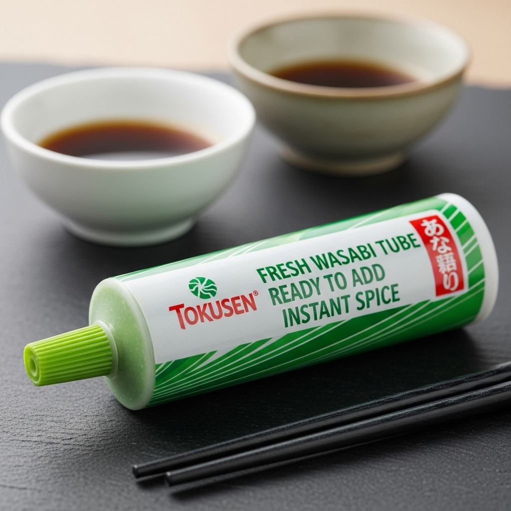 Close-up of the Tokusen Fresh Wasabi Tube, ready to add instant spice