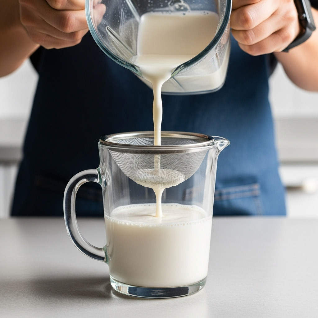 Freshly blended almond milk being strained into a glass container