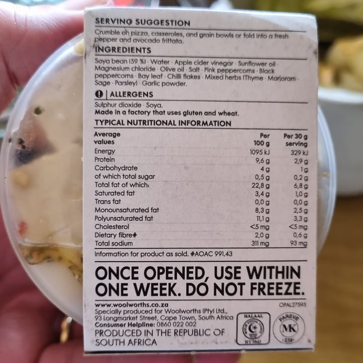 photo of Woolworths Food Marinated Soya Feto shared by @vegankitchensa on  31 Dec 2023 - review