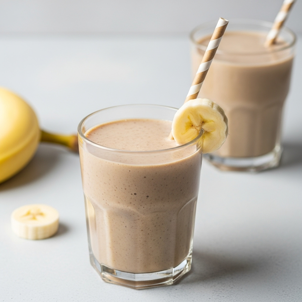 A refreshing vegan banana smoothie in a glass with a straw, topped with a banana slice.