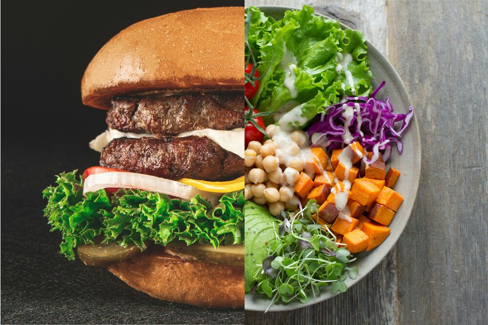 Half burger half salad split screen