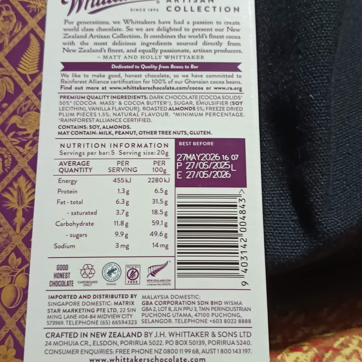 photo of Whittaker's Artisan Collection – New Zealand Black Plum & Roasted Almonds shared by @zarreen on  01 Oct 2025 - review