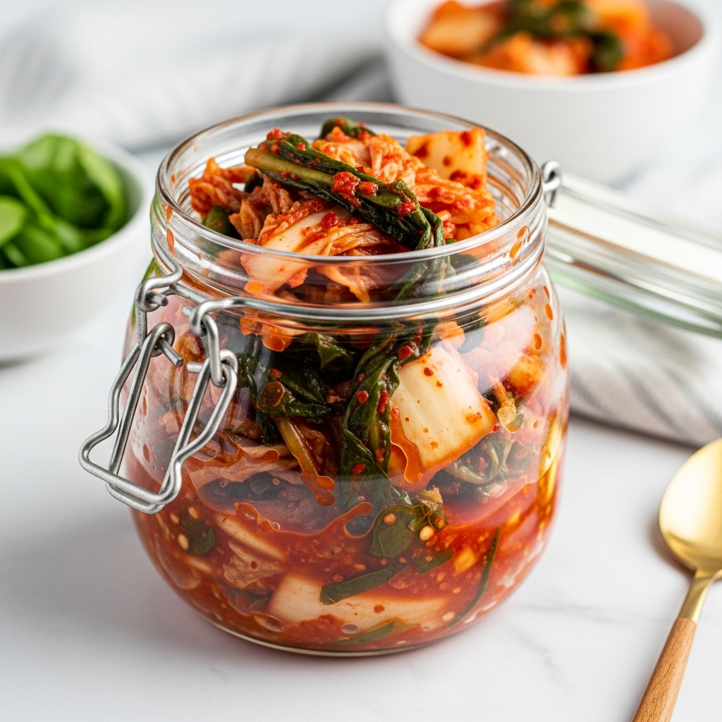Freshly made vegan kimchi in a glass jar, vibrant red and green.