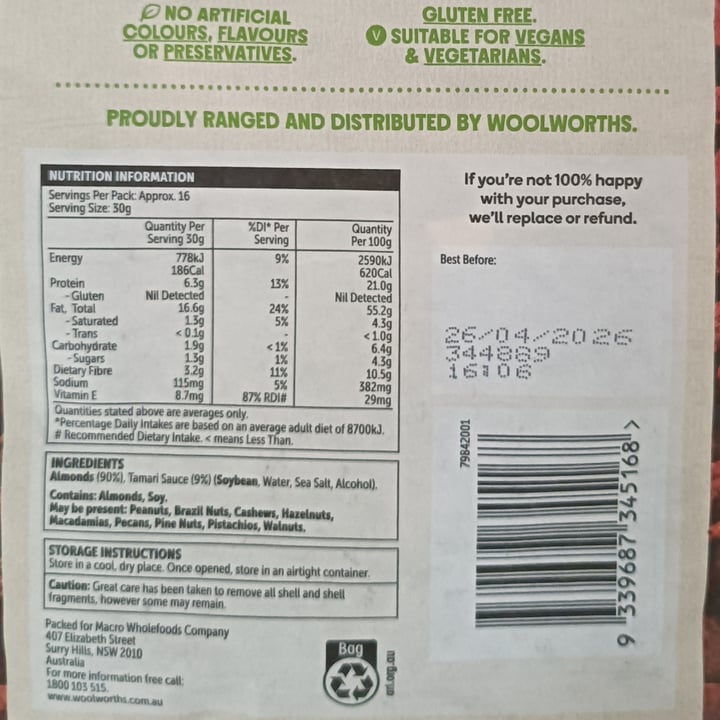 photo of Macro Wholefoods Market Tamari almonds shared by @tardisco on  07 Oct 2025 - review
