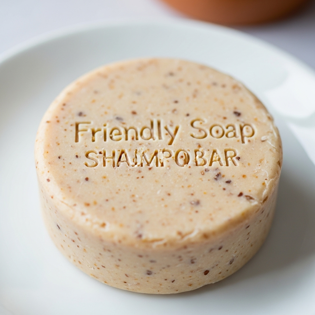Close-up of a Friendly Soap shampoo bar with visible natural specks, emphasizing its wholesome ingredients and solid form.