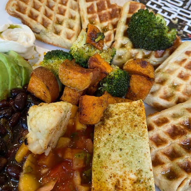 Photo of the dish “Buckwheat waffle with grilled tofu and roast veg”