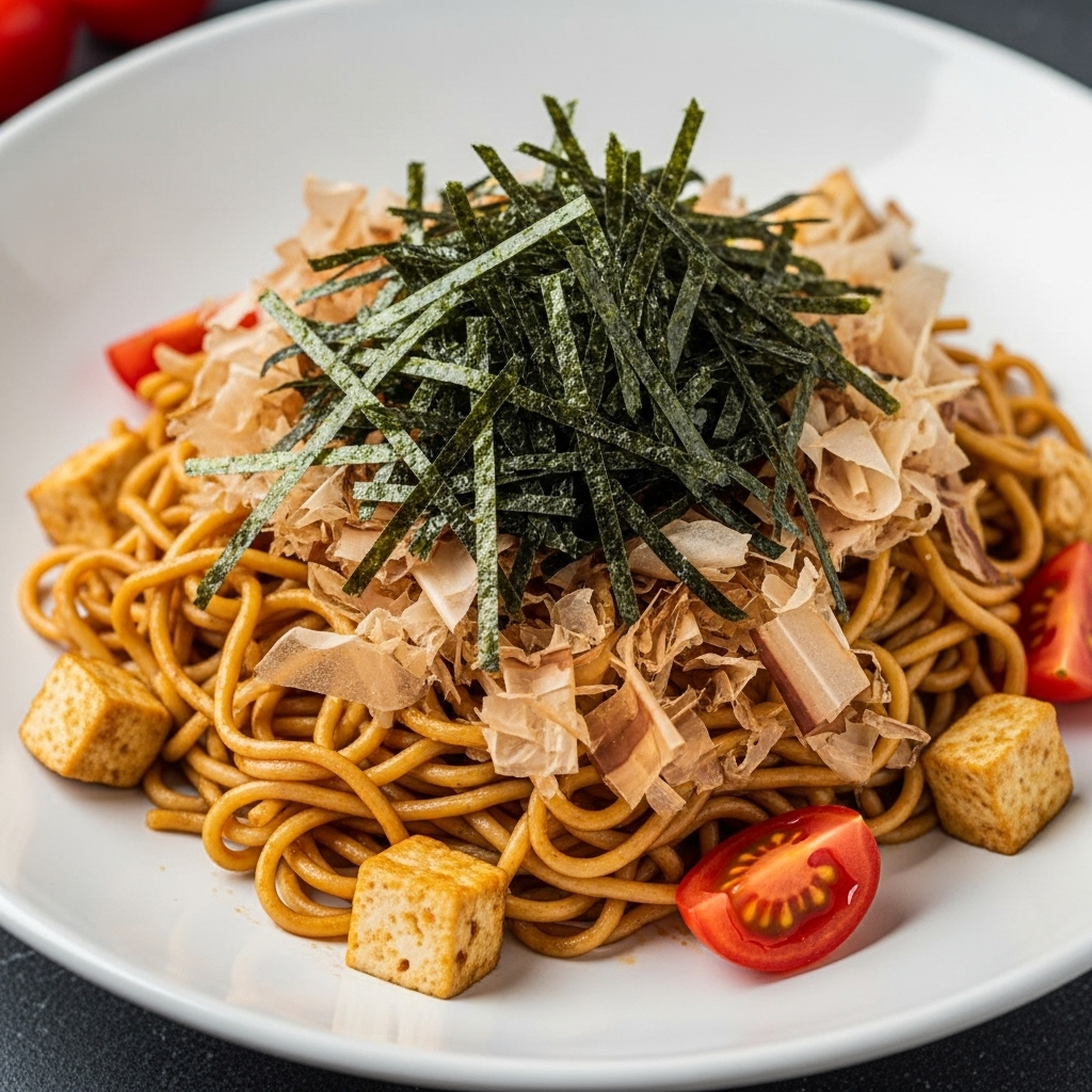 Delicious dry noodles tossed with a flavorful sauce, topped generously with shredded smoked nori seaweed, tofu, and tomatoes.