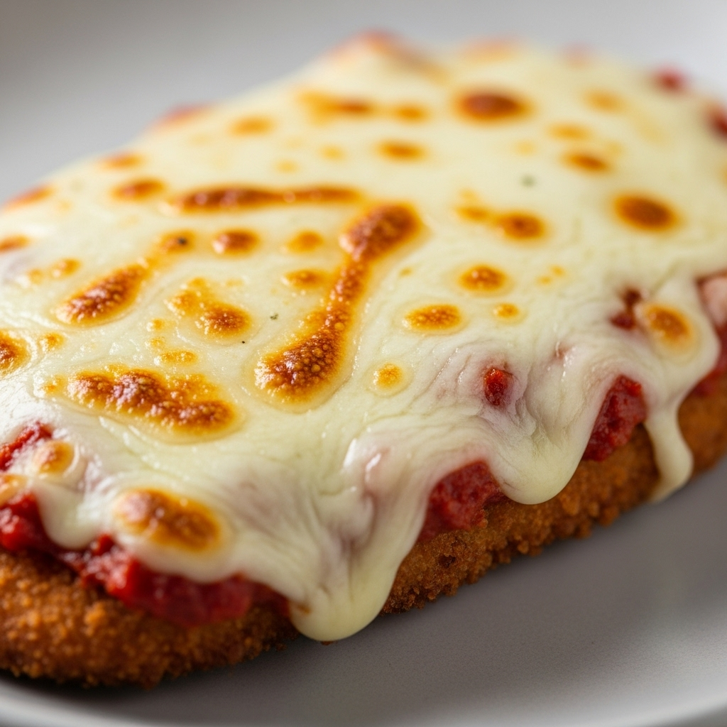Close-up of the bubbly, melted vegan cheese on top of a 