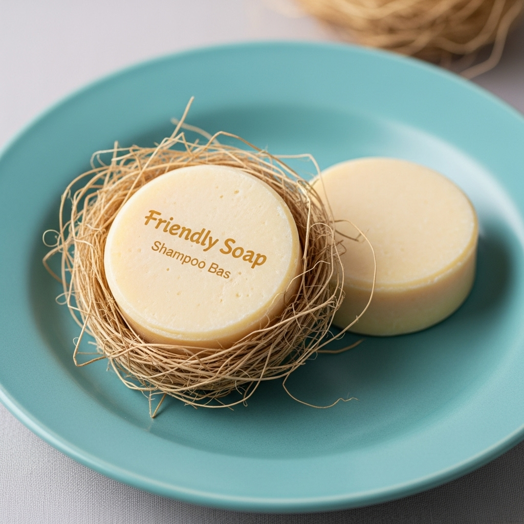 Two Friendly Soap shampoo bars, one nestled in natural fibers, illustrating their gentle composition and eco-friendly nature.