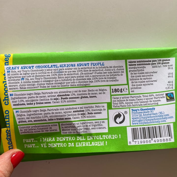 photo of Tony’s Chocolonely Dark Almond Sea Salt 51% shared by @estherdfv on  17 Feb 2025 - review