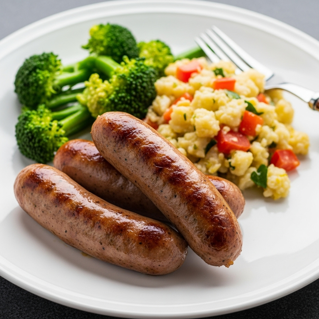 Roasted vegan sausages served with a side dish