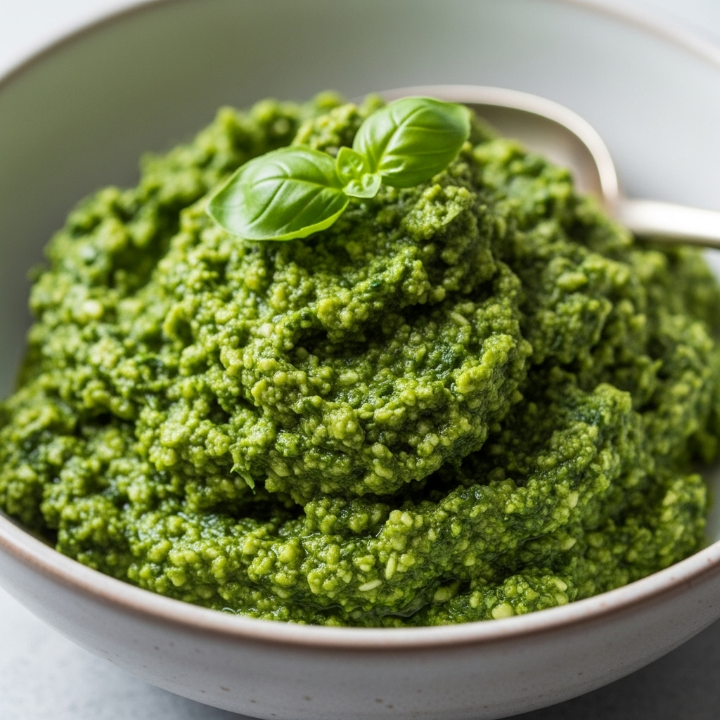 Close-up of vibrant green vegan pesto in a bowl
