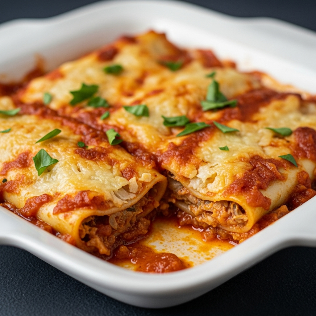 Close-up of baked Vegan Cannelloni, showcasing the rich sauce and filling.