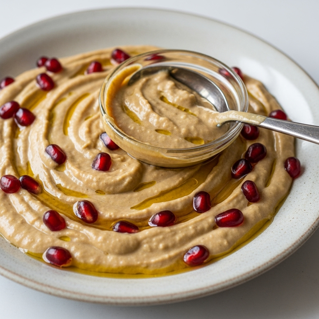 Close-up of Homemade Tahini and Pomegranate Sauces