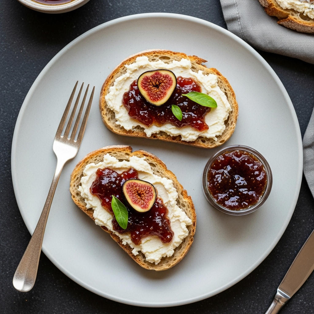 Overhead shot of vegan spreadable cheese on bread with fig jam, ready for breakfast