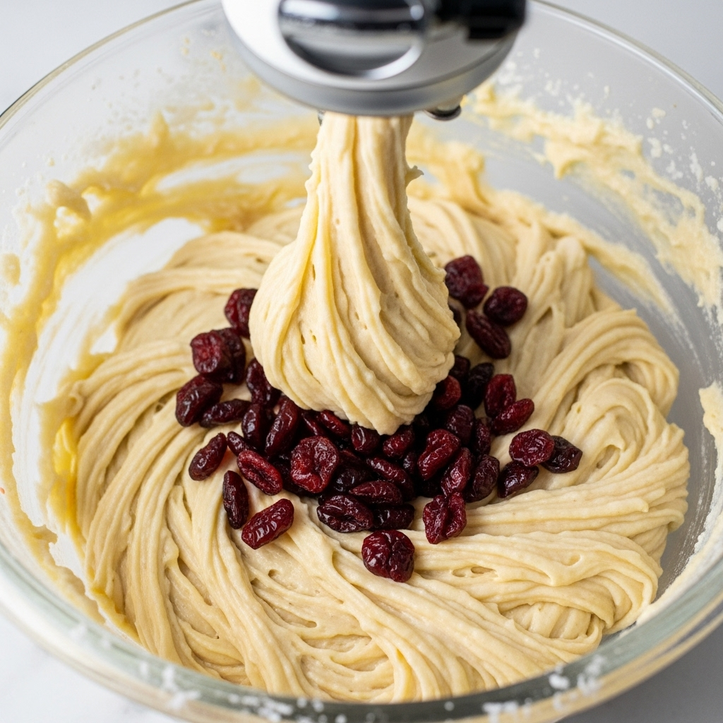 Close-up view of the cupcake batter in a mixing bowl, showing the consistency before adding cranberries, a key step in creating light and fluffy vegan bakes.
