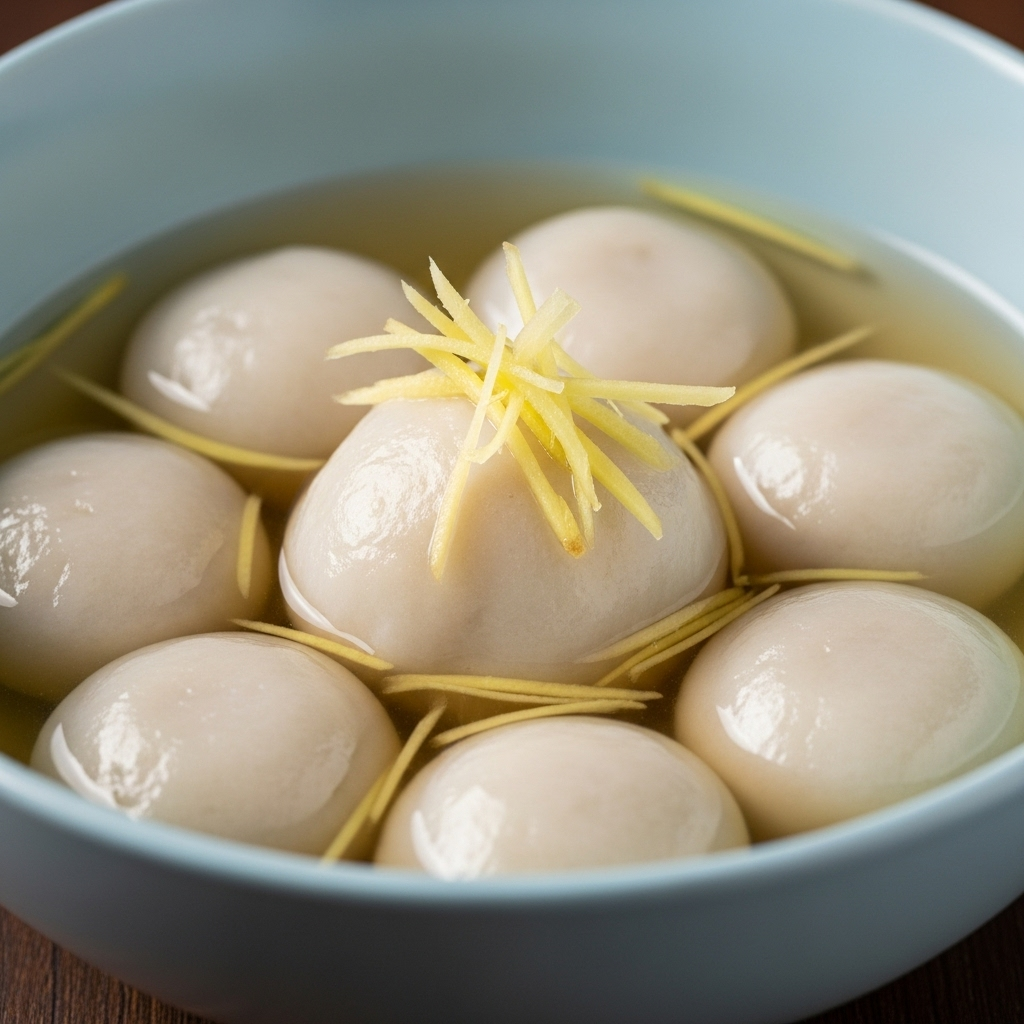 Close-up shot of cooked vegan Tang Yuan floating in a clear, sweet ginger soup, garnished with delicate wisps of ginger.