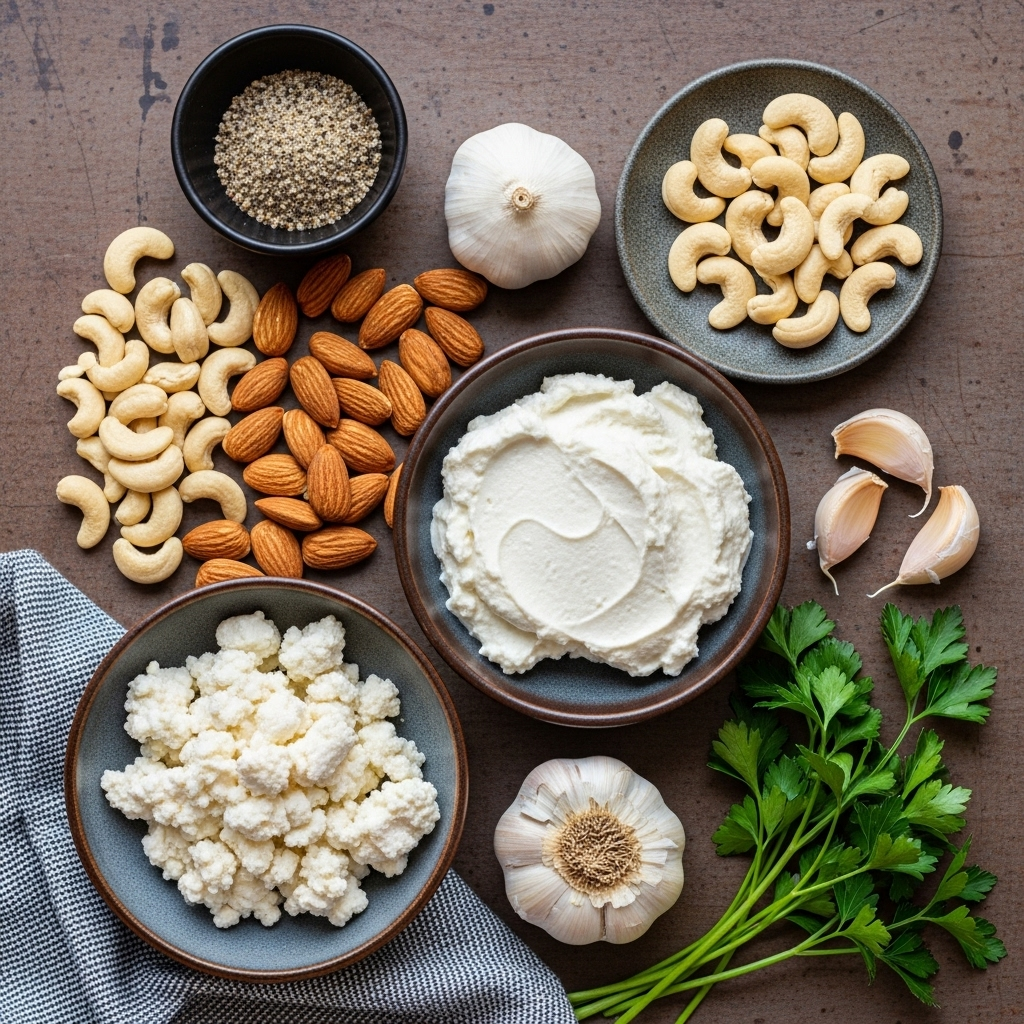An artfully arranged ingredient shot for the vegan nut cheese, featuring raw cashews, almonds, fresh garlic, and parsley, laid out on a rustic surface.