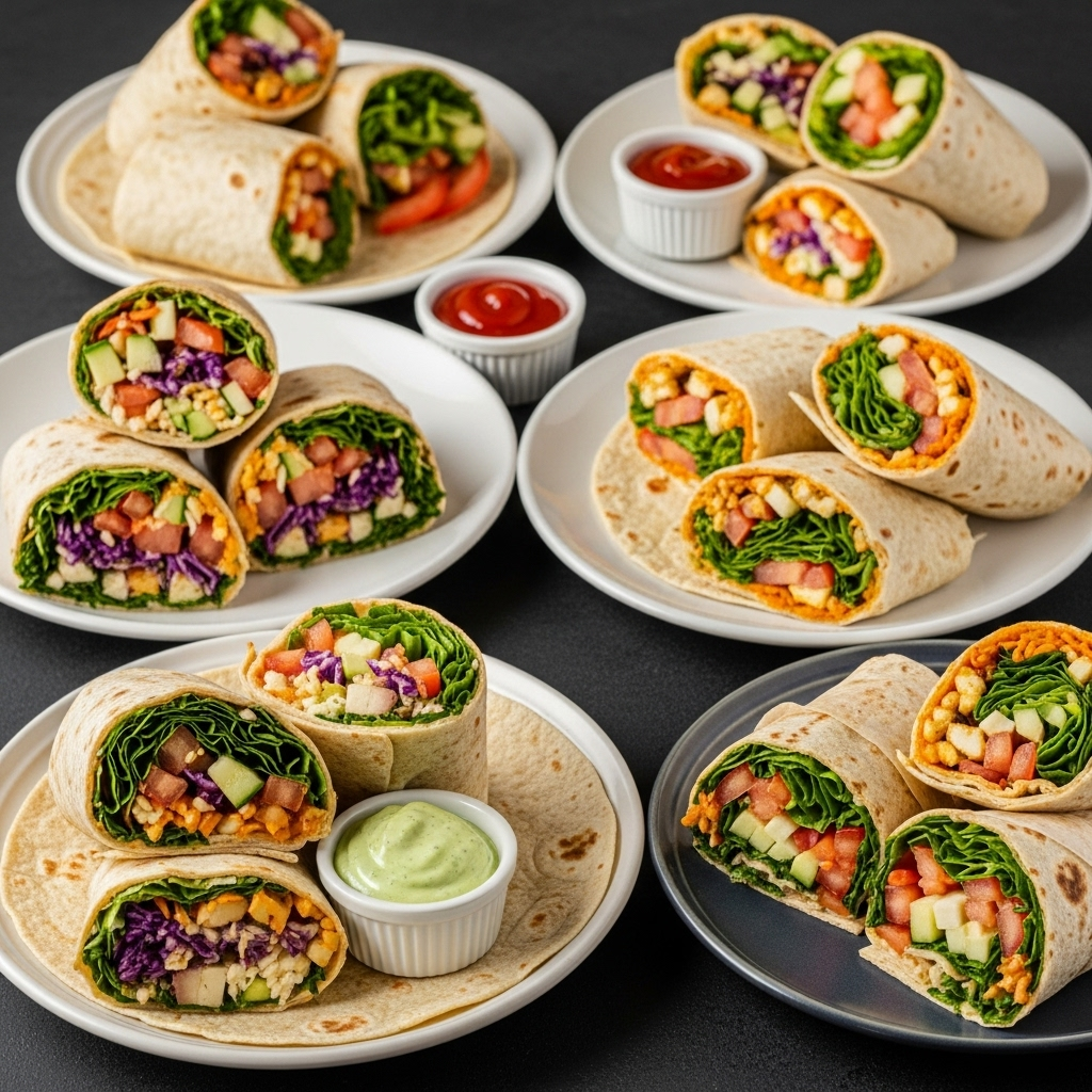 An assortment of freshly prepared vegan wraps, showcasing different variations and fillings, ideal for meal prepping and travel.