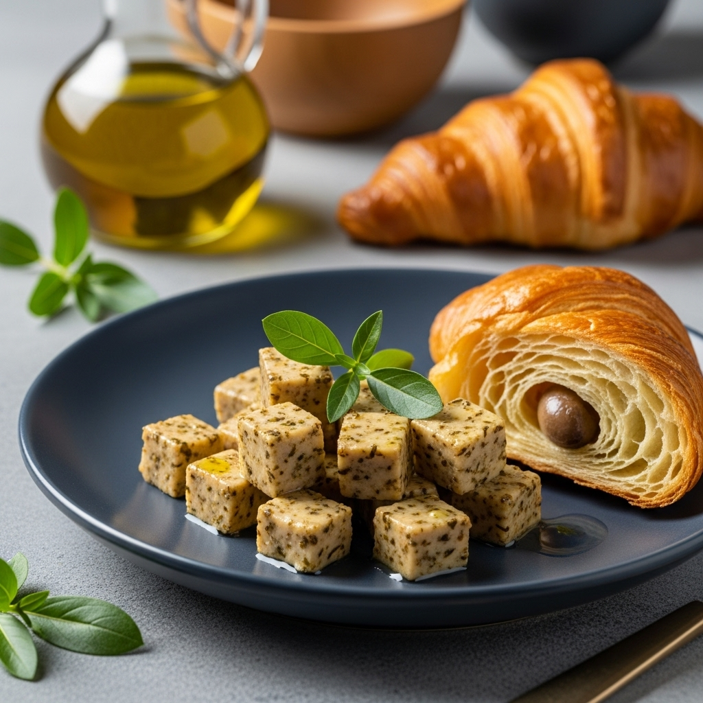 Olive oil based vegan cheese cubes, possibly with a croissant
