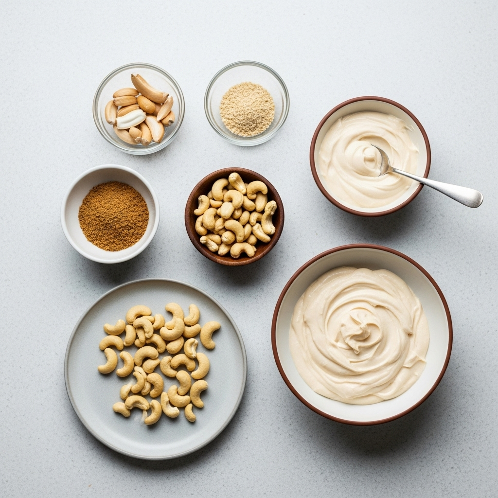 Ingredients for homemade cashew cream laid out with a bowl of finished cream.