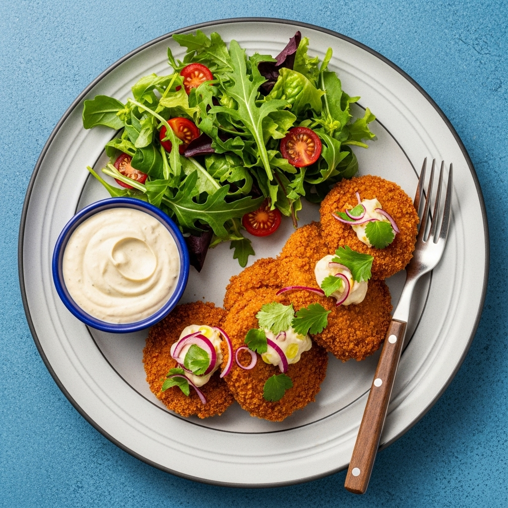 Squeaky Bean Vegan Chicken Style Poppers served with a vibrant fresh salad and a dip.