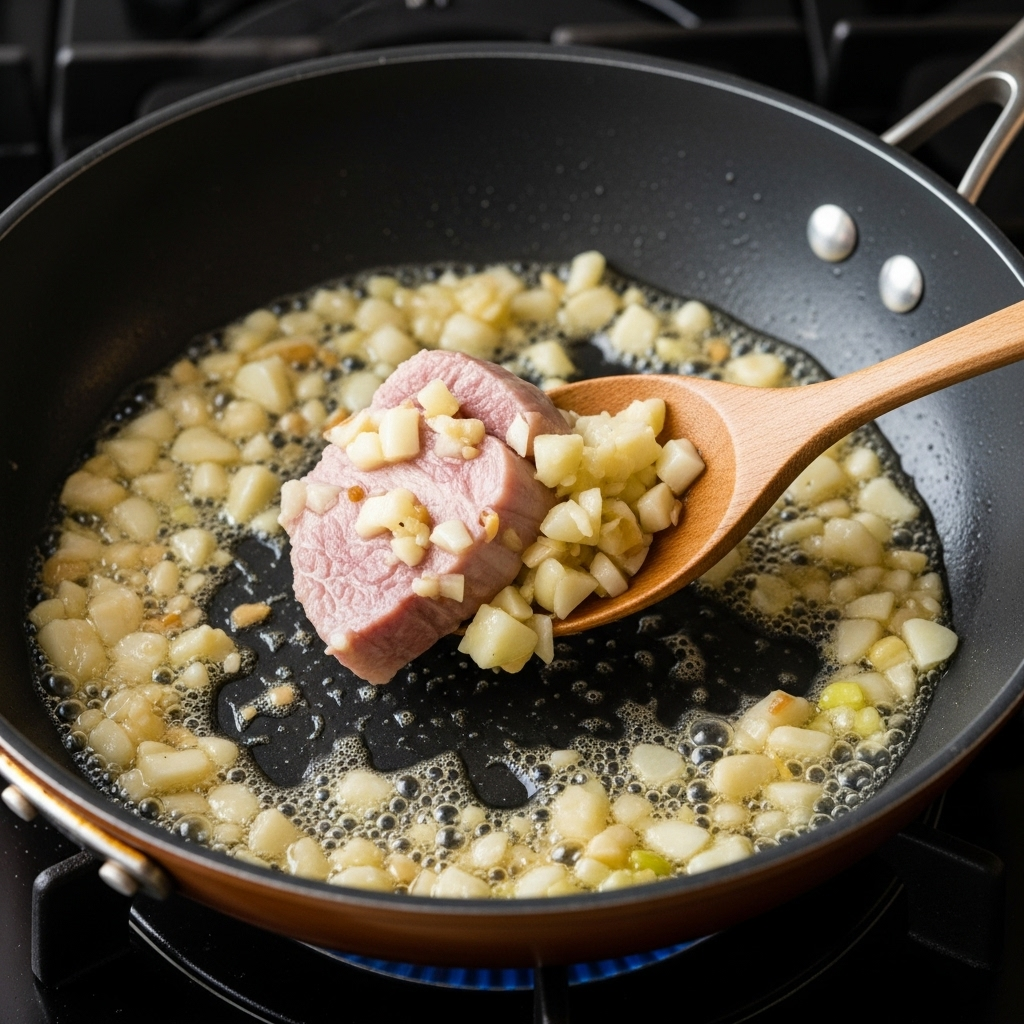 The savory ingredients cooking in a pan