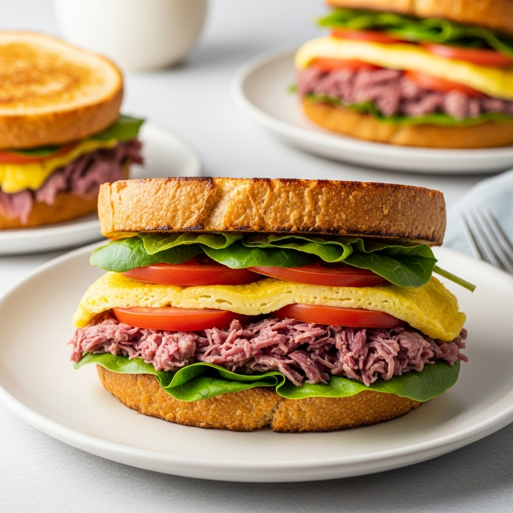 A different angle of the vegan Reuben breakfast sandwich, highlighting its delicious components and golden-brown bread.