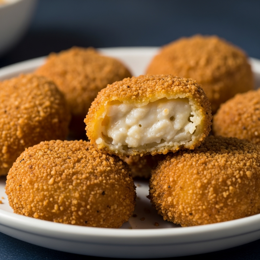 Close-up of Squeaky Bean Vegan Chicken Style Poppers, showing their crispy breaded coating.