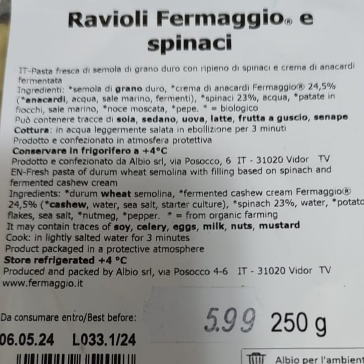 photo of Fermaggio Ravioli fermaggio e spinaci shared by @alejandro-alvaro on  10 Apr 2024 - review