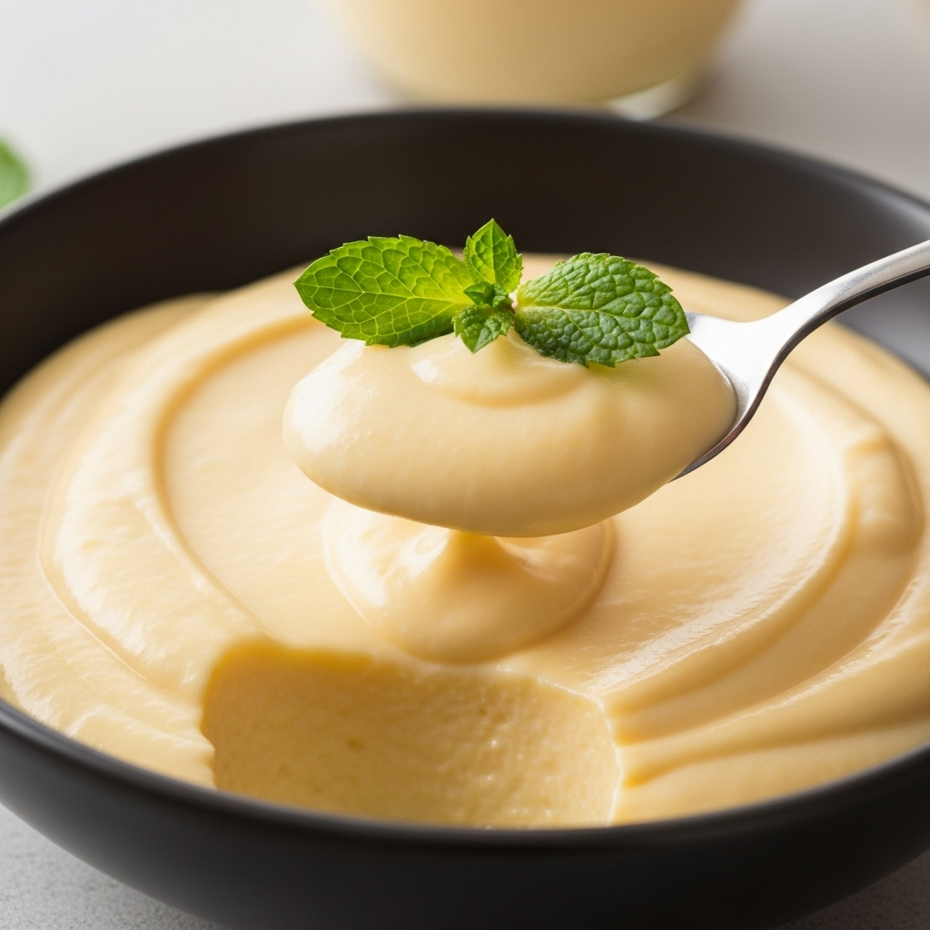 A close-up of smooth, creamy vegan custard, highlighting its inviting texture.