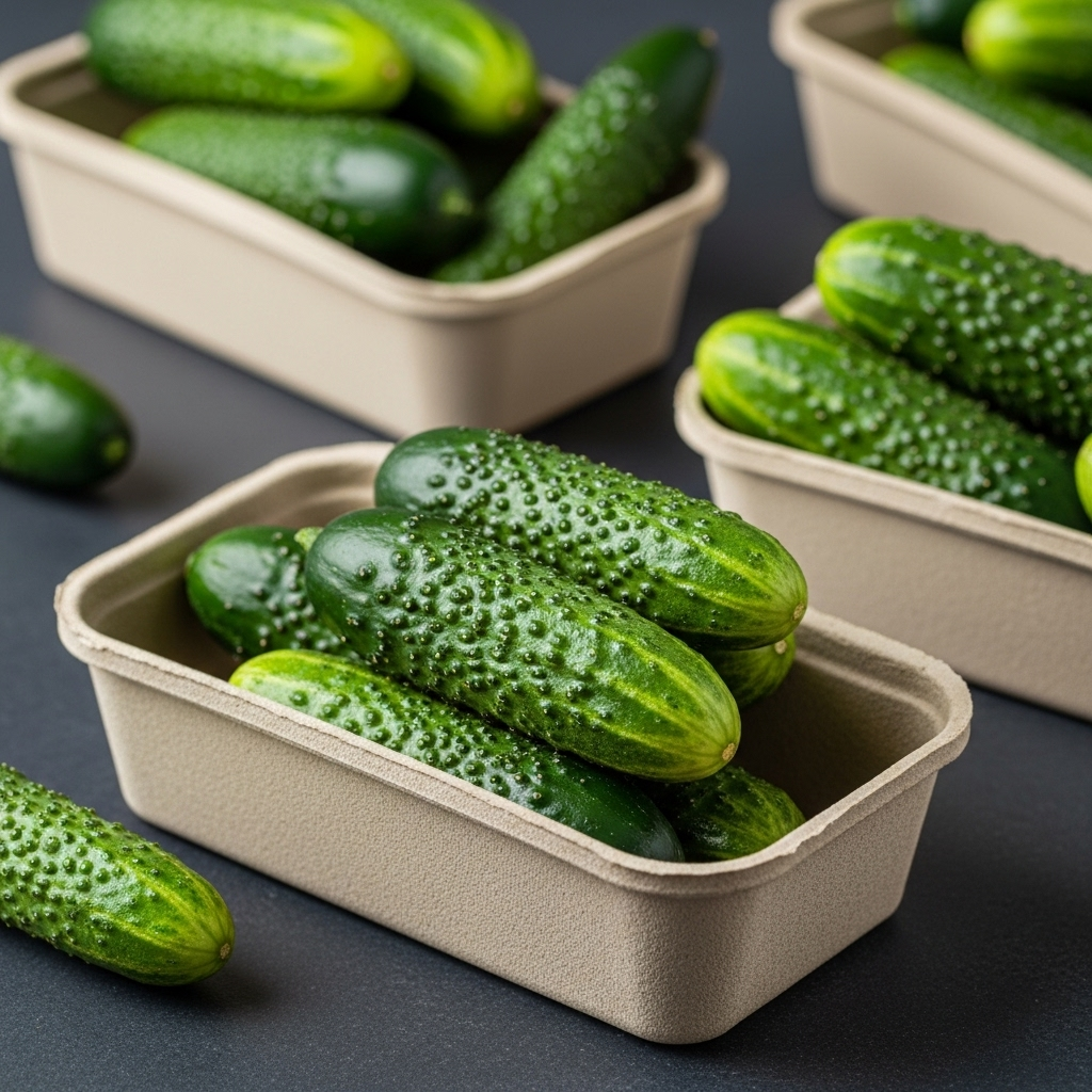 Fresh mini cucumbers in their compostable packaging, ready for use.