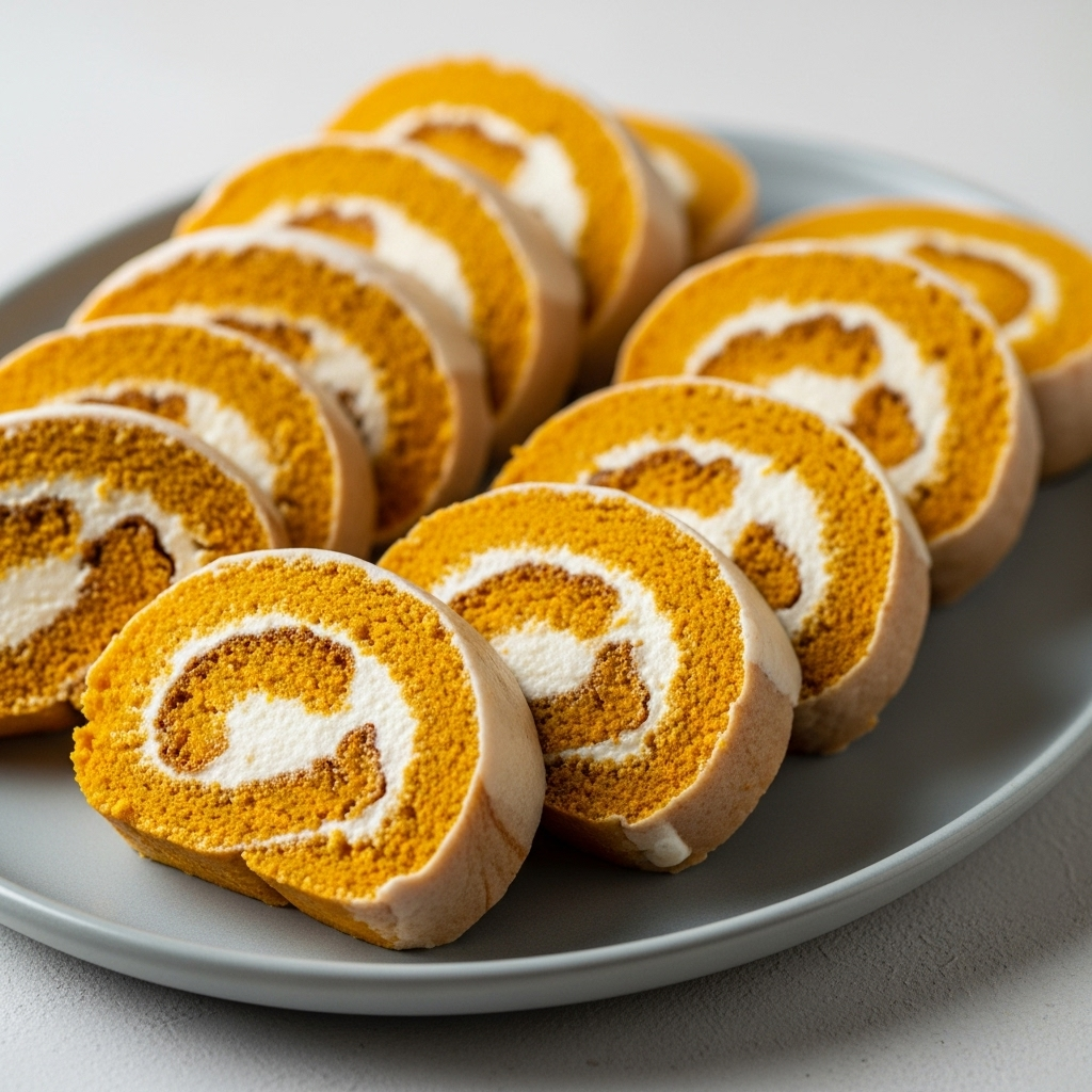 An array of vegan pumpkin roll slices, perfect for serving at a festive gathering.