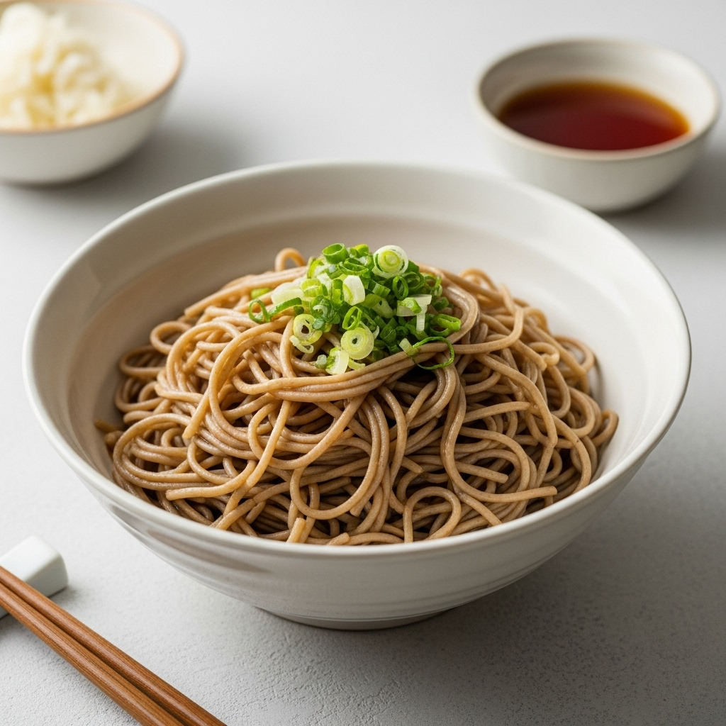 Bowl of cooked soba noodles with a simple sauce