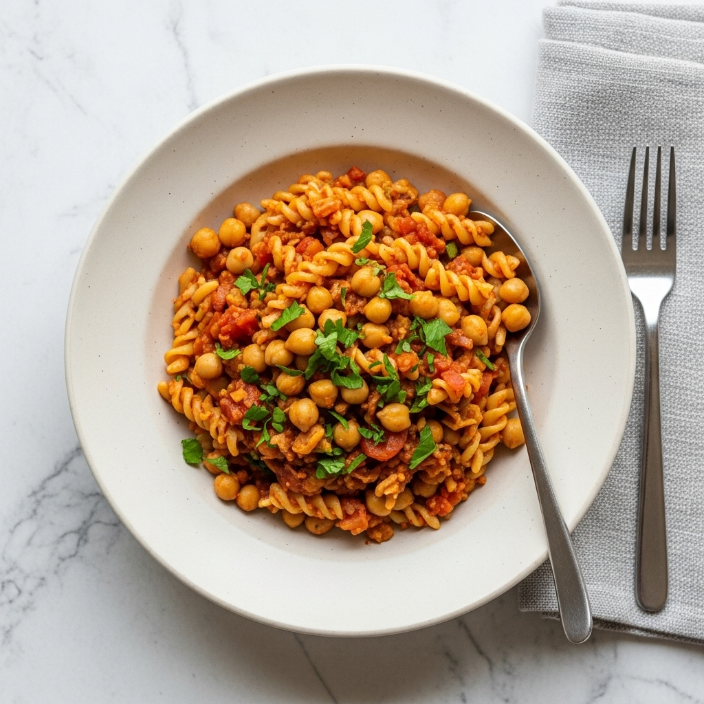 Overhead view of the hearty vegan chickpea pasta dish.