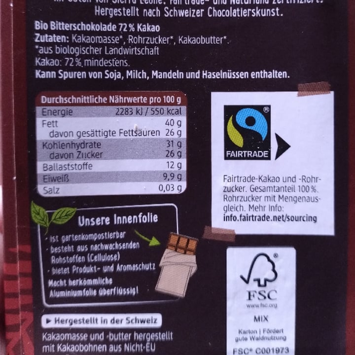 photo of Dm Schokolade 72% Sierra Leone • Feine Bitter mit Kokoschips shared by @catamartins on  26 Oct 2024 - review