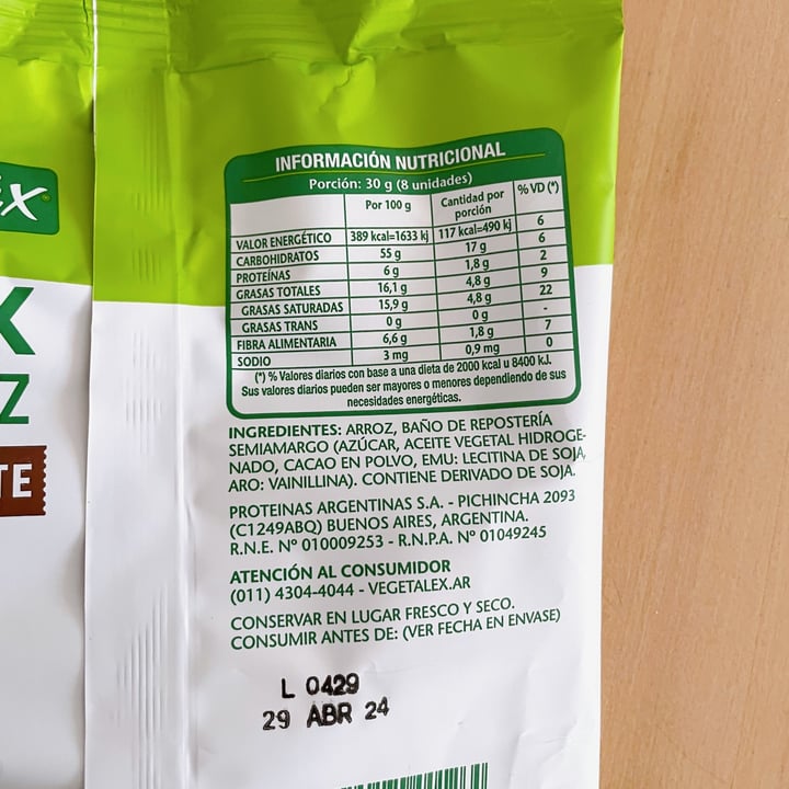 photo of Vegetalex snack de arroz y chocolate shared by @franvegg on  24 Aug 2023 - review