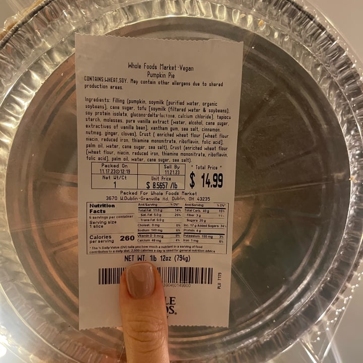 photo of Whole Foods Market Vegan Pumpkin Pie shared by @sgerber33 on  21 Nov 2023 - review