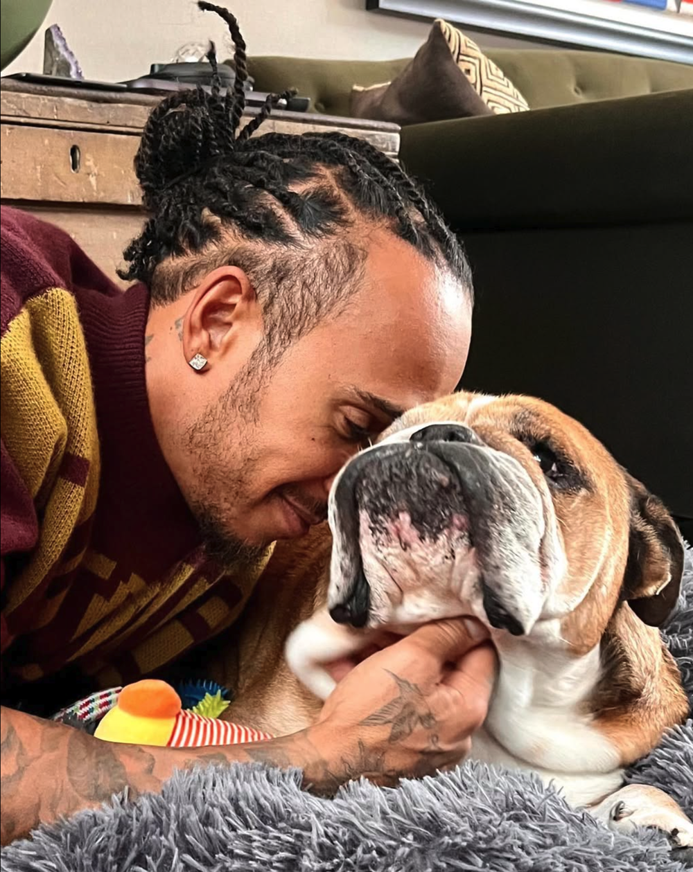 Lewis Hamilton and his dog, Roscoe