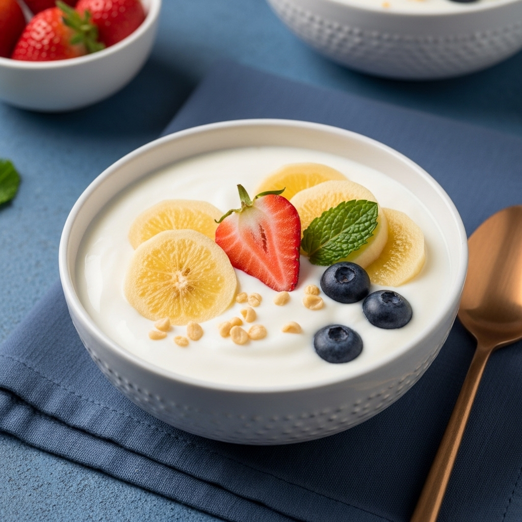 A bowl of creamy homemade soy yogurt, garnished with fresh fruit, showcasing its smooth texture.