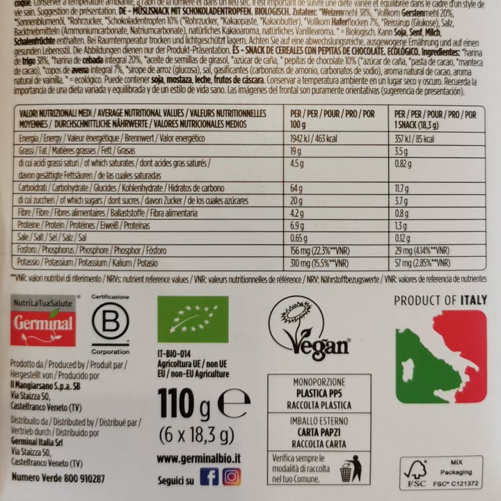 photo of Germinal Bio Snack Cereali Con Gocce Di Cioccolato shared by @posataverde on  27 Apr 2024 - review