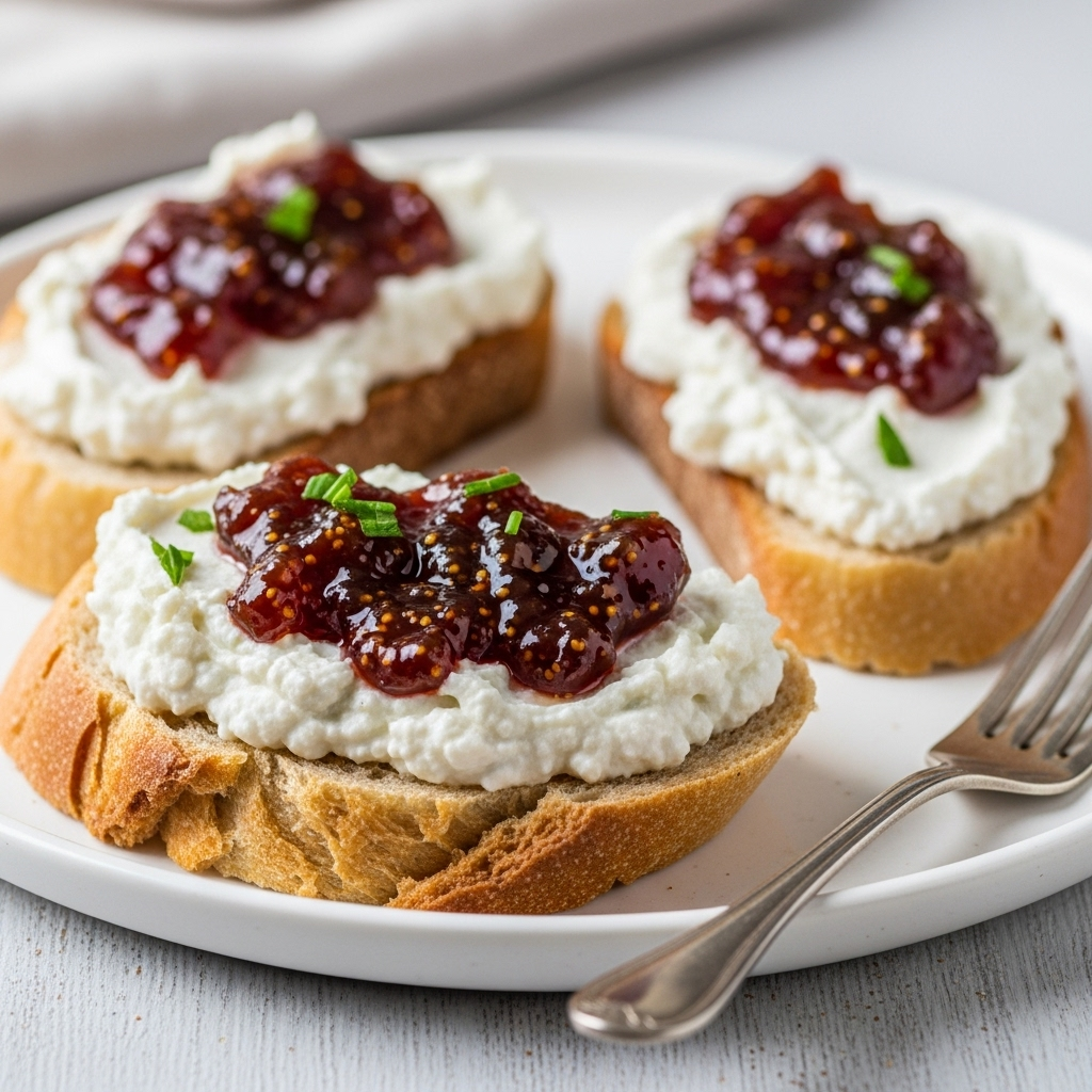 Close-up of creamy vegan spreadable cheese on bread with fig jam