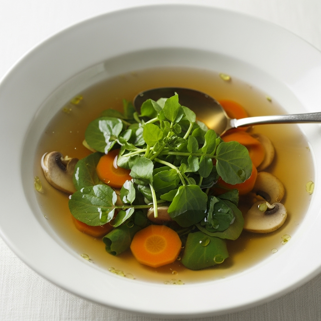 A clear, light brown soup with watercress, carrots, and mushrooms, served in a bowl.