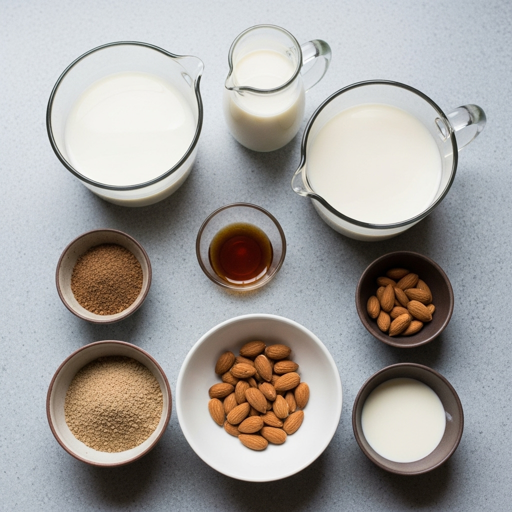 Ingredients laid out for homemade almond milk production