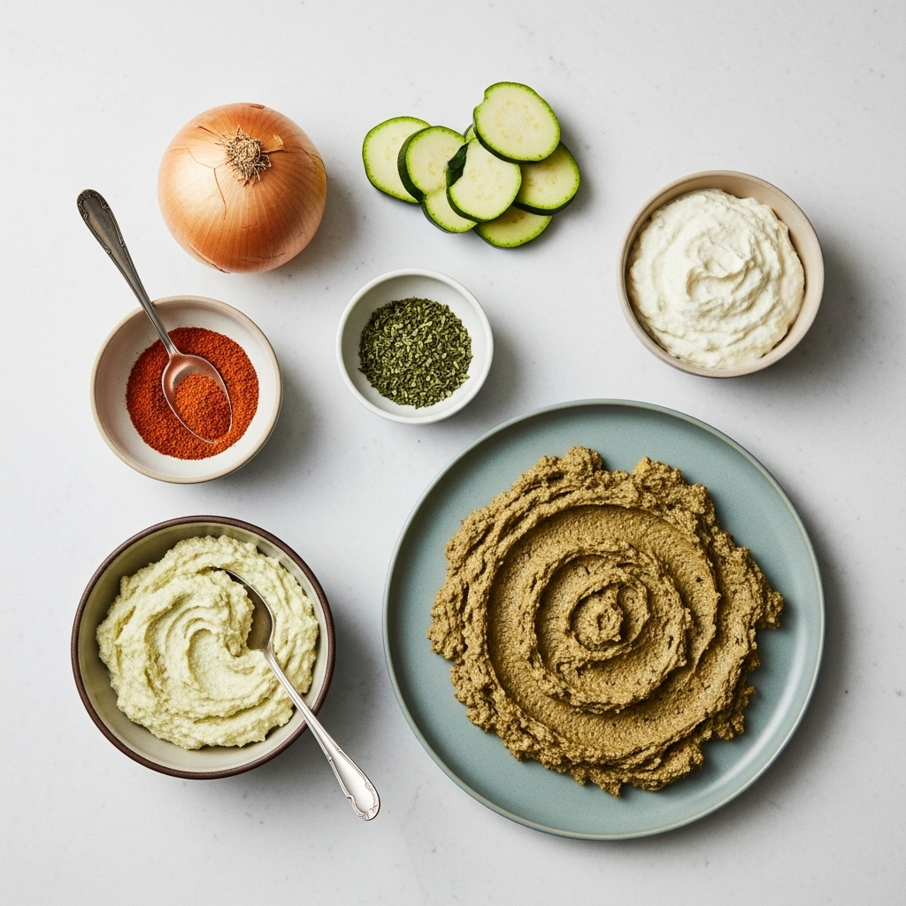 Ingredients laid out for zucchini onion spread