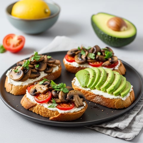 Easy Vegan Bruschetta Trio: Classic Tomato, Savory Mushroom, and Creamy Avocado Toppings